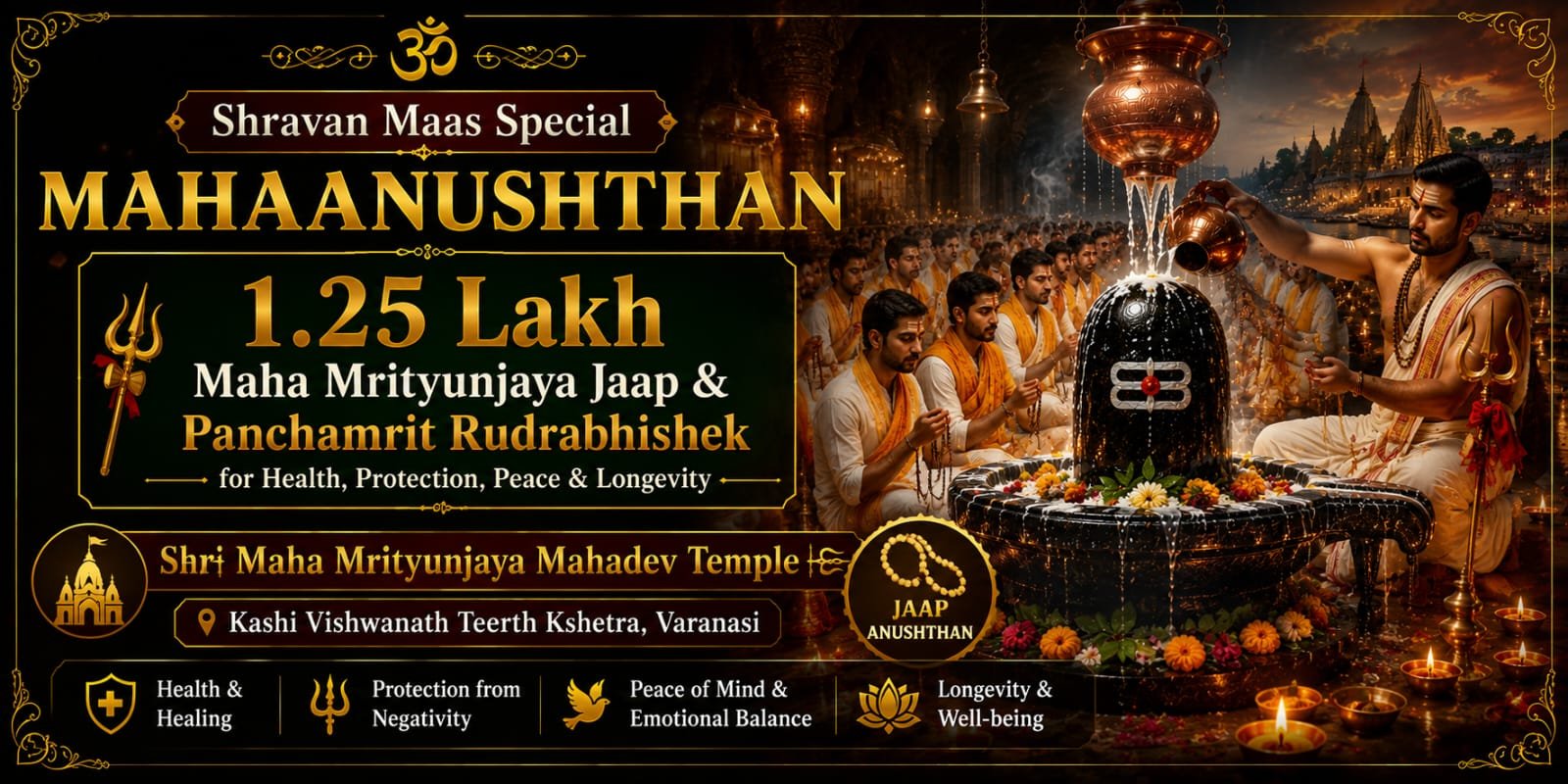 🕉️ Shravan Maas Special Mahaanushthan – 1.25 Lakh Maha Mrityunjaya Jaap & Panchamrit Rudrabhishek for Health, Protection, Peace & Longevity