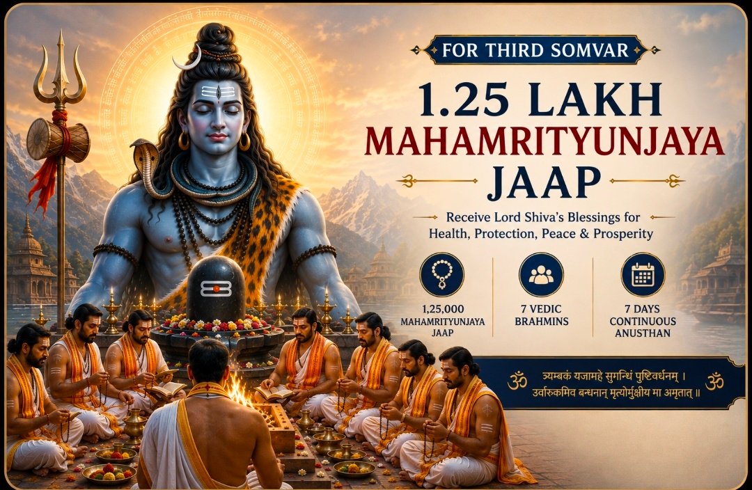 🕉️ Shravan Maas Special Mahaanushthan – 1.25 Lakh Maha Mrityunjaya Jaap & Panchamrit Rudrabhishek for Health, Protection, Peace & Longevity